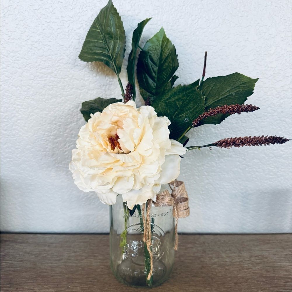 Farmhouse Floral Cream Peony Greenery Mason Jar Vase Arrangement